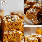 Healthy oat pumpkin bars topped with oats served on a cozy wooden cutting board.